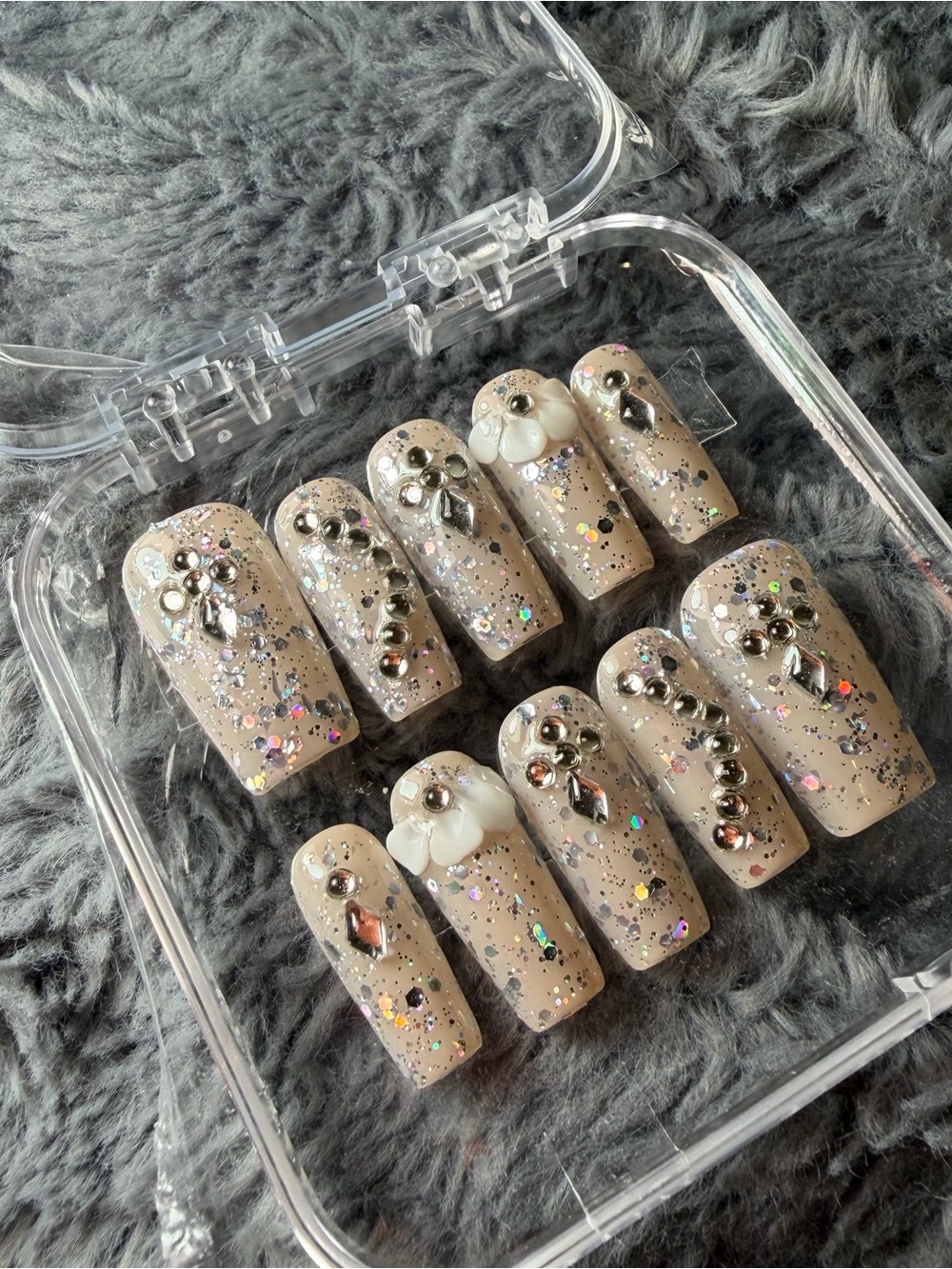 LARGE Nude Sparkle Press-On Nail Set with 3D Gems